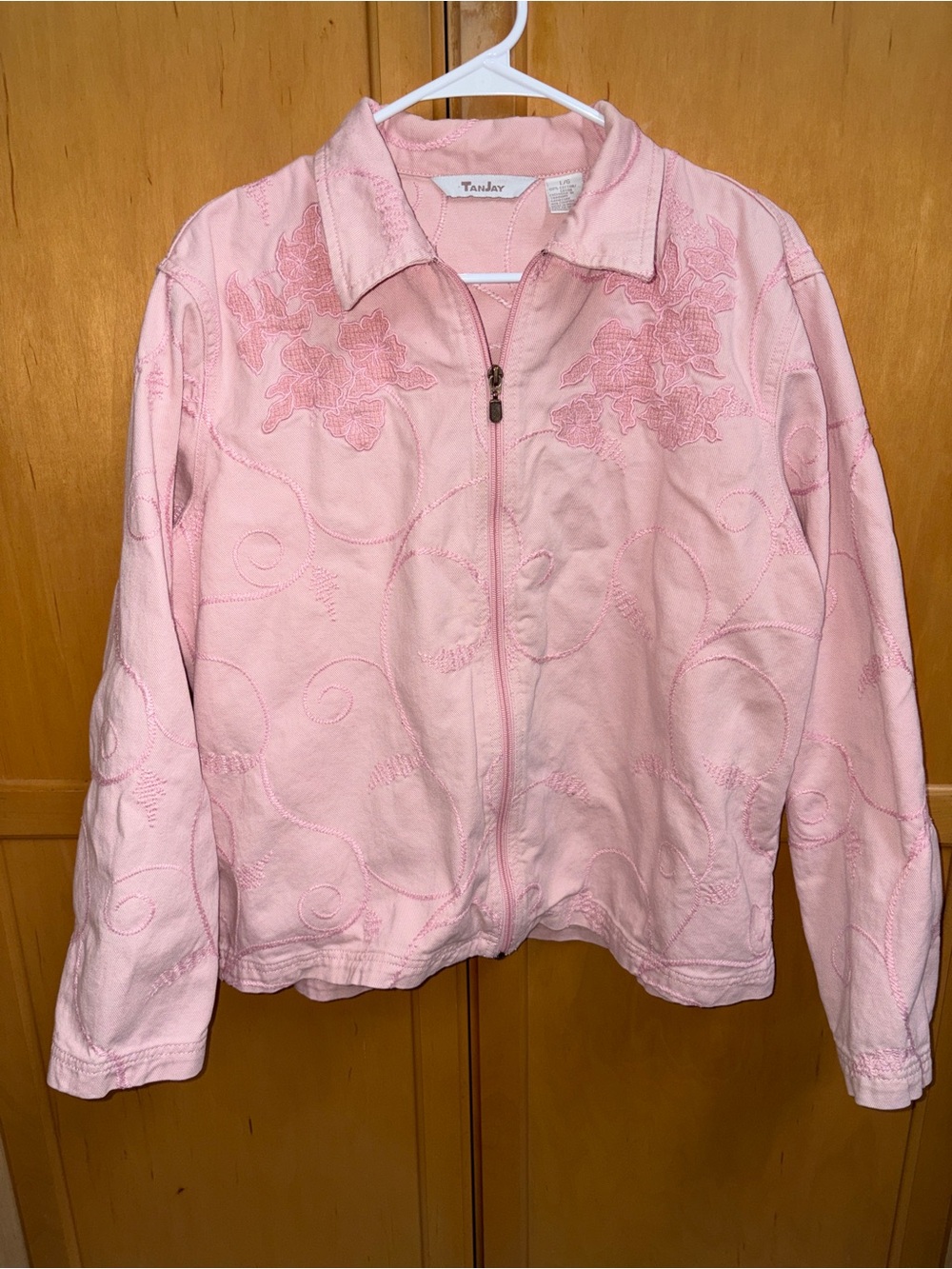 Vintage TanJay Embroidered Pink Denim Style Full Zip Jacket Size Large